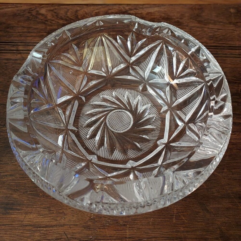 Vintage Cut Bohemia Czech Crystal Ash Dish Round 5.5 Diameter Geometric Design - Picture 7 of 8